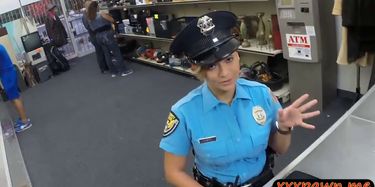 Brunette and busty Latina police woman gets pawned at the shop
